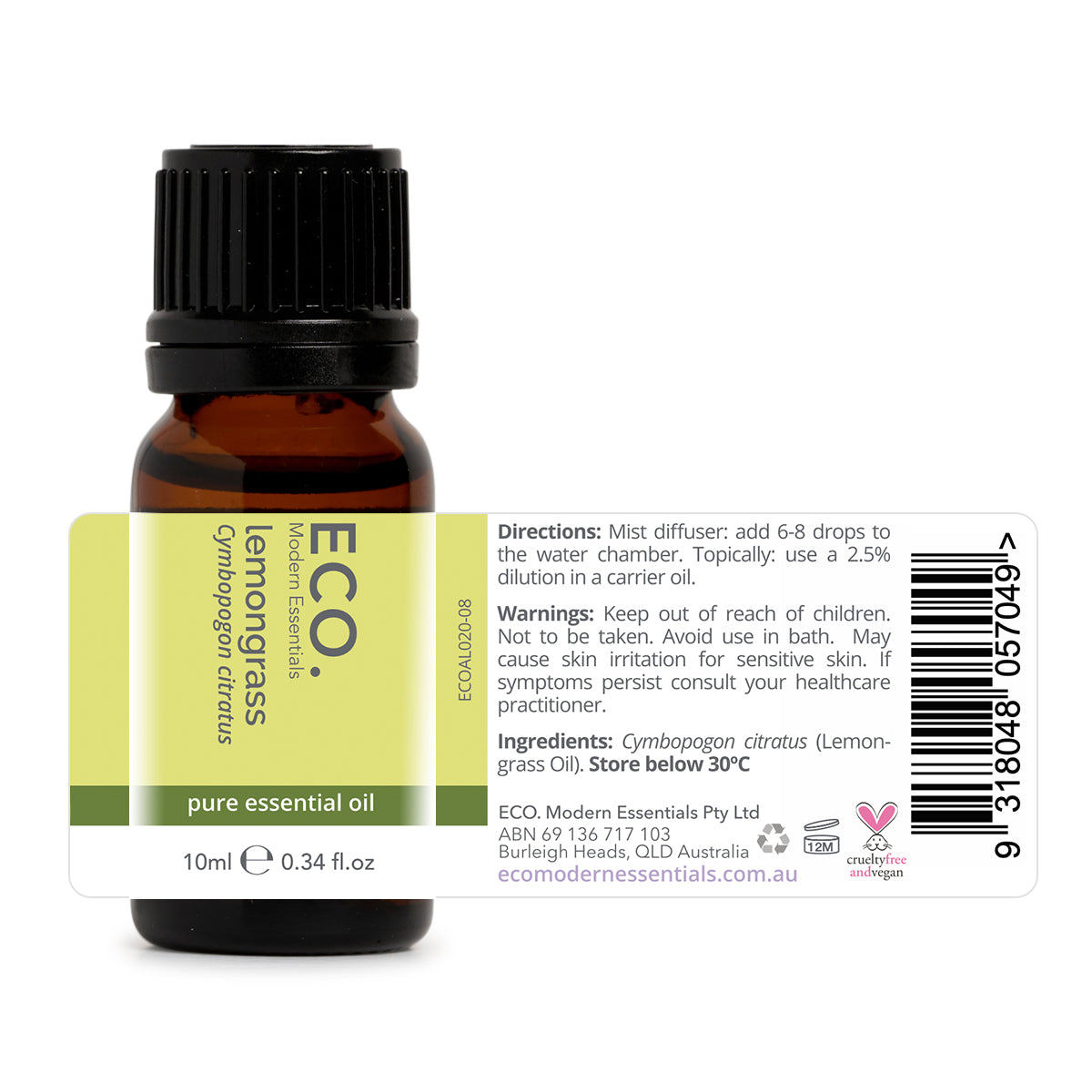 ECO. Modern Essentials Lemongrass essential oil bottle label